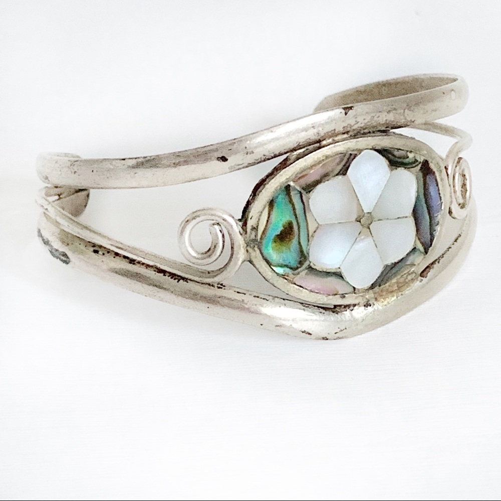 Vintage Silver Mother of Pearl Cuff Bracelet